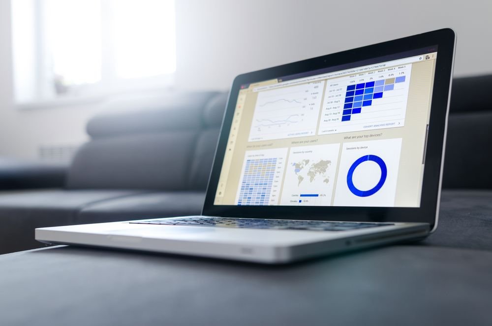 Laptop showing an analytics dashboard with charts