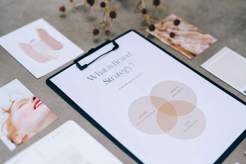 Brand strategy board with moodboard and colour palette